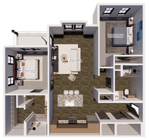 Floor plan for 2 beds, 2 baths, 1075 sqft